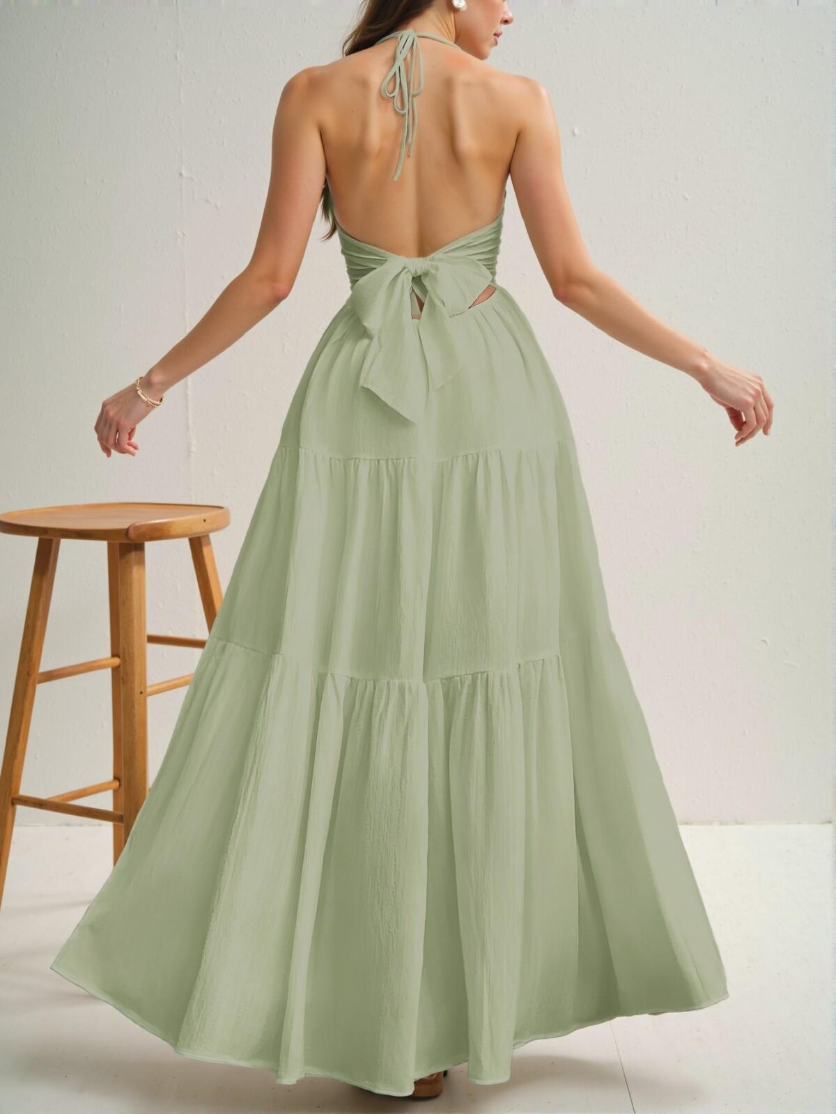 Elegant Green Romantic Floral Halter Neck Pleated Backless A-Line Dress for Summer Getaways, Chic and Trendy Fashion to Dress to Impress - Image 2