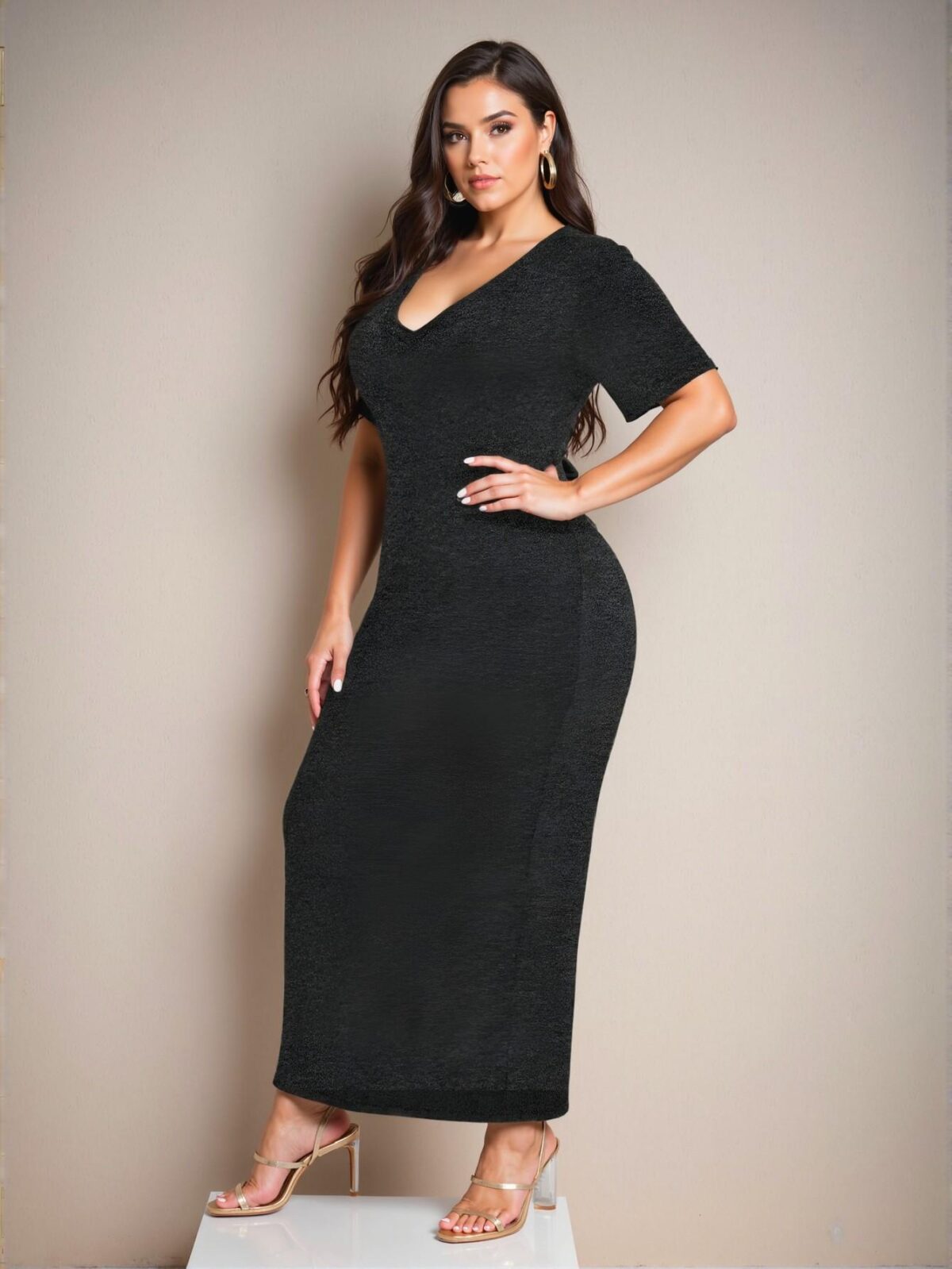 Elegant Dark Grey Form-Fitting V-Neck Short Sleeve Midi Dress – Chic, Classy and Trendy Fashion Style to Dress to Impress - Image 5
