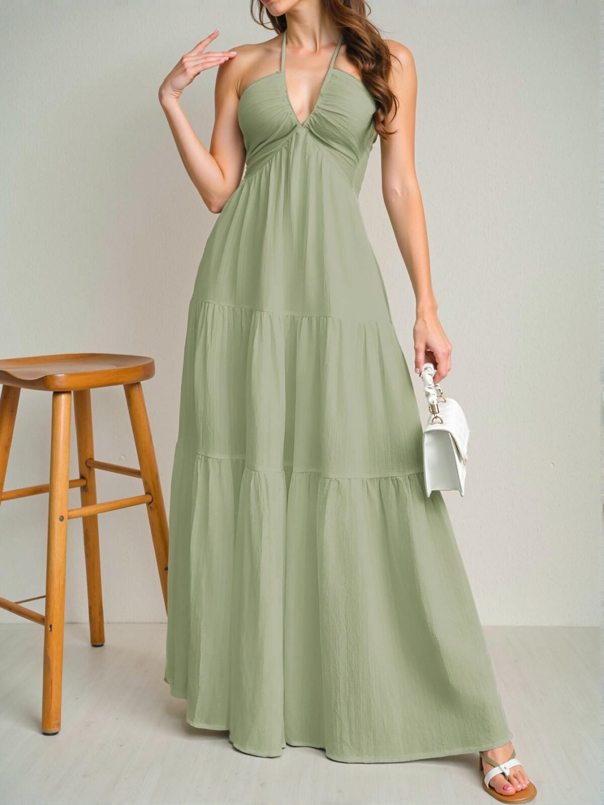 Elegant Green Romantic Floral Halter Neck Pleated Backless A-Line Dress for Summer Getaways, Chic and Trendy Fashion to Dress to Impress - Image 5