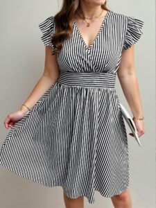 Elegant Navy Blue Flared Cap Sleeve Dress with Waist Tie for Summer - Chic, Classy and Trendy Fashion Style to Dress to Impress
