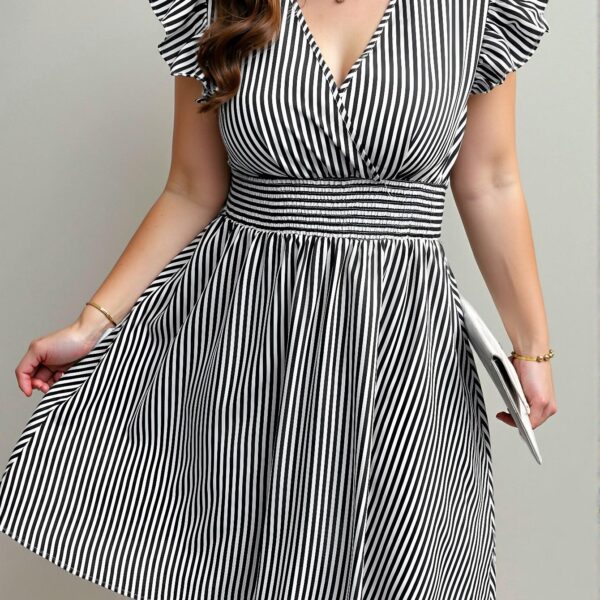 Elegant Navy Blue Flared Cap Sleeve Dress with Waist Tie for Summer - Chic, Classy and Trendy Fashion Style to Dress to Impress