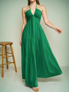 Elegant Green Sleeveless Backless Halter Long Dress with Ruffle Hem for Weddings, Vacations, and Parties - Chic, Classy, and Trendy Fashion Style to Dress to Impress