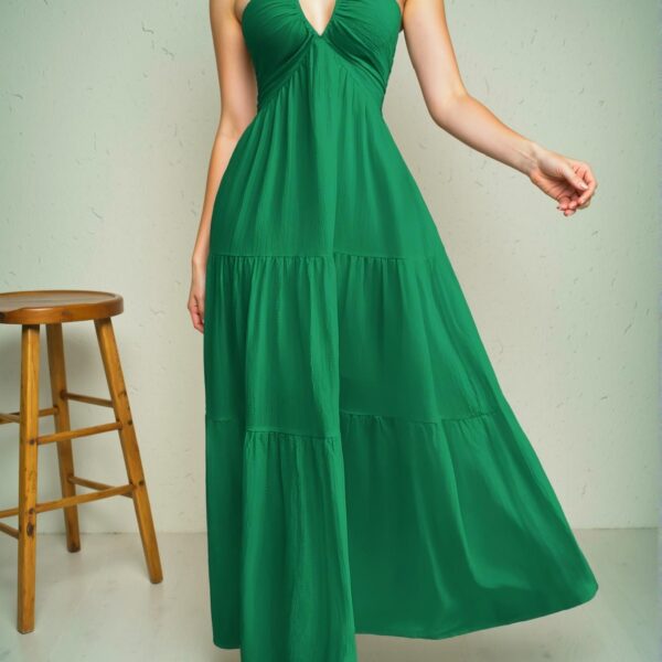 Elegant Green Sleeveless Backless Halter Long Dress with Ruffle Hem for Weddings, Vacations, and Parties - Chic, Classy, and Trendy Fashion Style to Dress to Impress