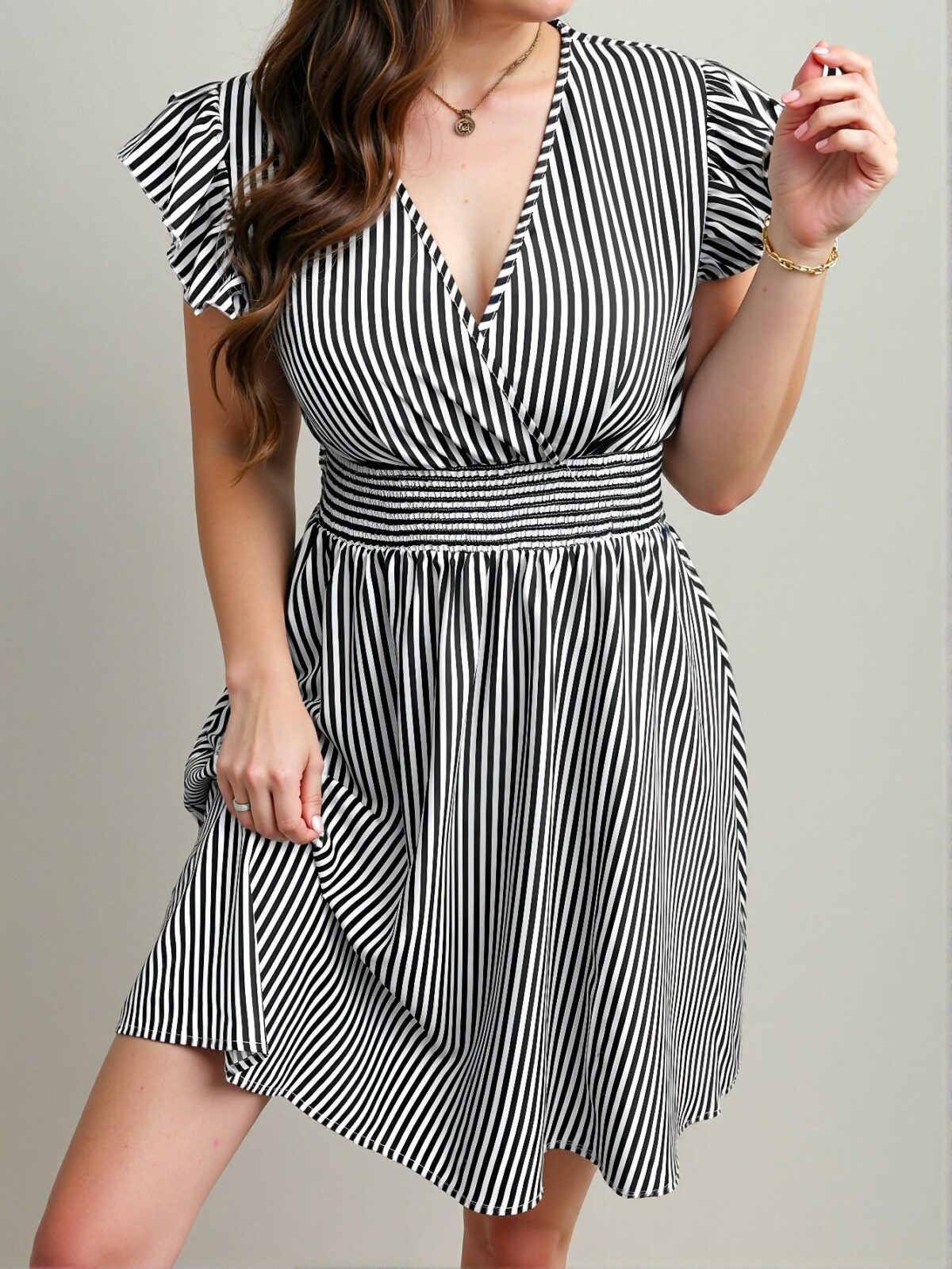 Elegant Navy Blue Flared Cap Sleeve Dress with Waist Tie for Summer - Chic, Classy and Trendy Fashion Style to Dress to Impress - Image 3