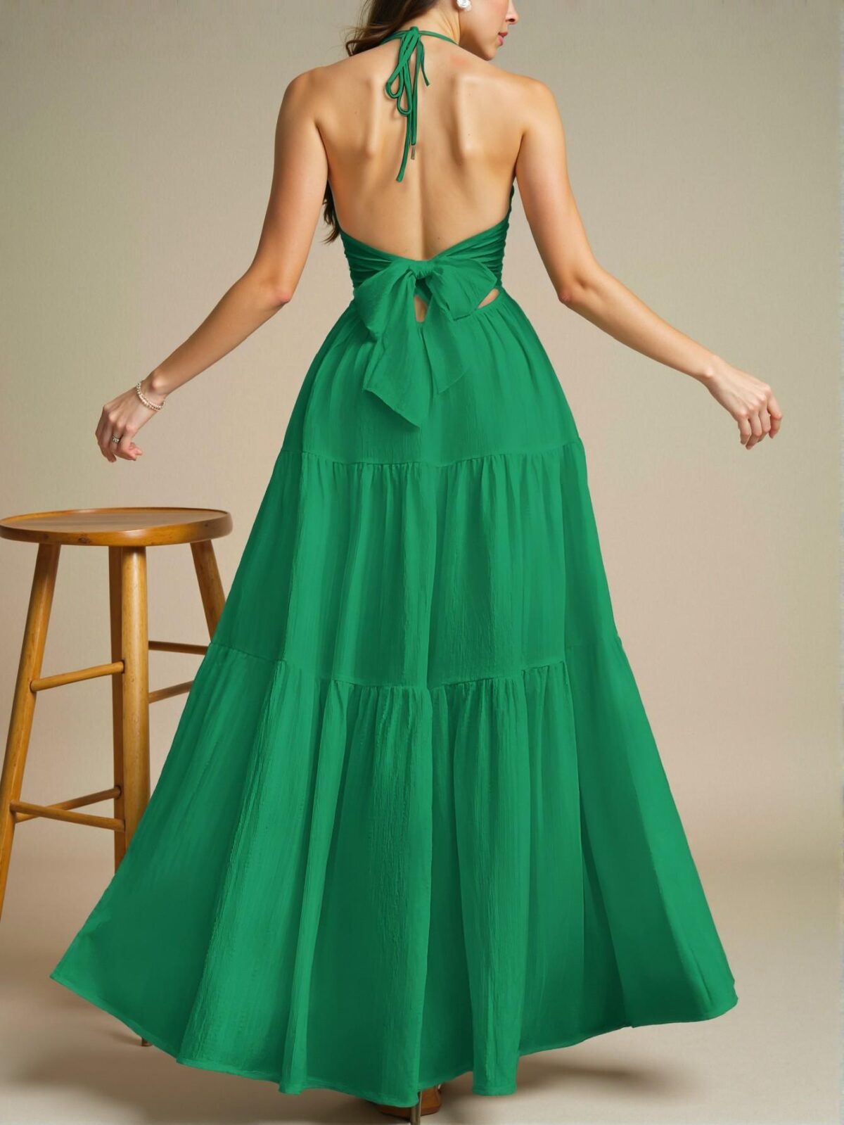 Elegant Green Sleeveless Backless Halter Long Dress with Ruffle Hem for Weddings, Vacations, and Parties - Chic, Classy, and Trendy Fashion Style to Dress to Impress - Image 2
