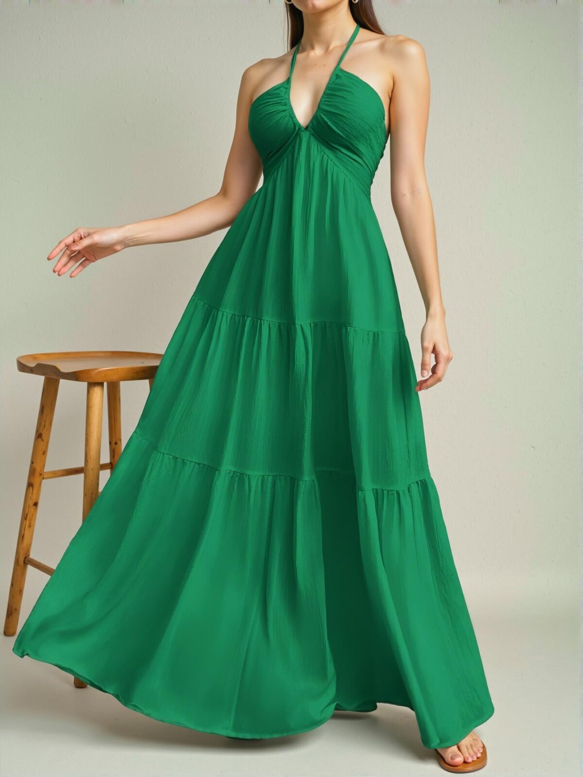 Elegant Green Sleeveless Backless Halter Long Dress with Ruffle Hem for Weddings, Vacations, and Parties - Chic, Classy, and Trendy Fashion Style to Dress to Impress - Image 4