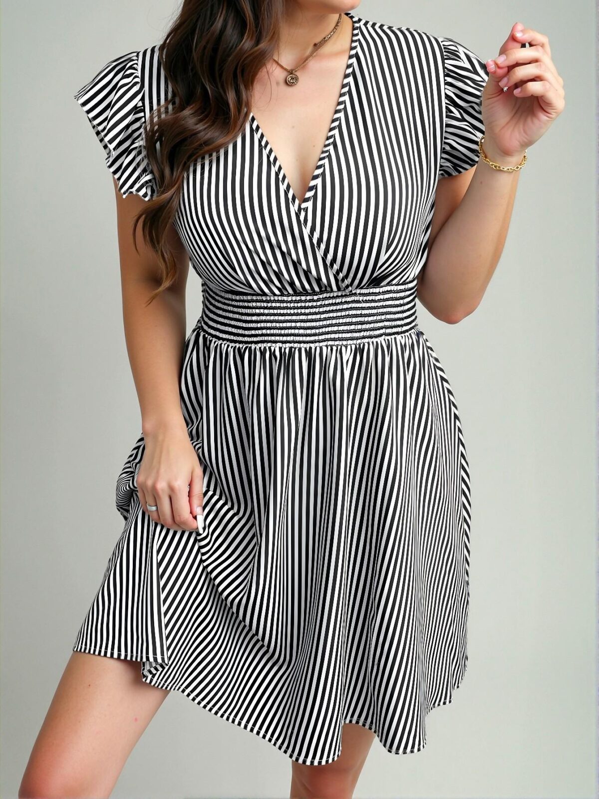 Elegant Navy Blue Flared Cap Sleeve Dress with Waist Tie for Summer - Chic, Classy and Trendy Fashion Style to Dress to Impress - Image 5