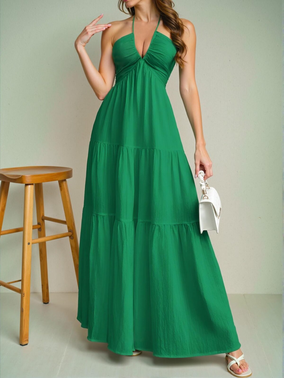 Elegant Green Sleeveless Backless Halter Long Dress with Ruffle Hem for Weddings, Vacations, and Parties - Chic, Classy, and Trendy Fashion Style to Dress to Impress - Image 5