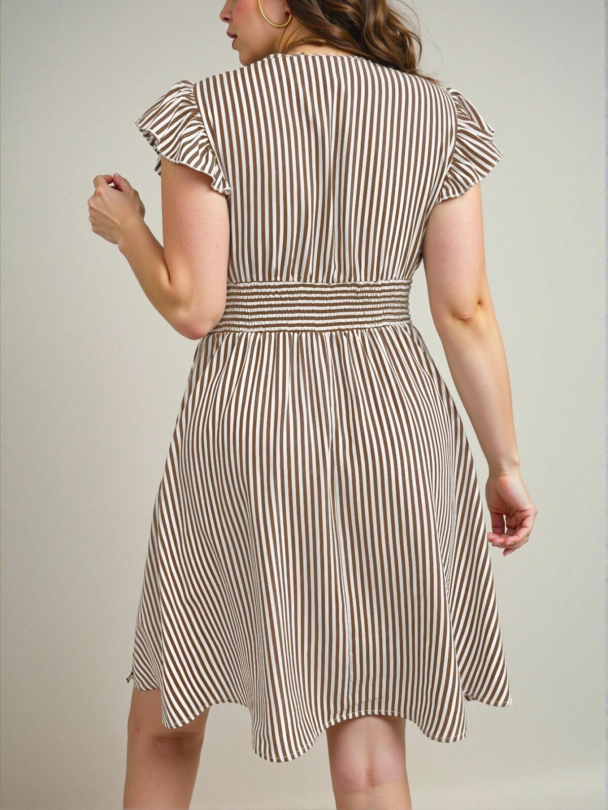 Elegant Coffee Brown Stylish Vertical Stripe Flare Sleeve Dress for Women - Chic, Classy and Trendy Fashion Style to Dress to Impress - Image 2