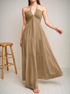 Elegant Khaki Chic Floral Halter V-Neck Backless A-Line Dress for Spring and Summer Getaways - Chic, Classy and Trendy Fashion Style to Dress to Impress