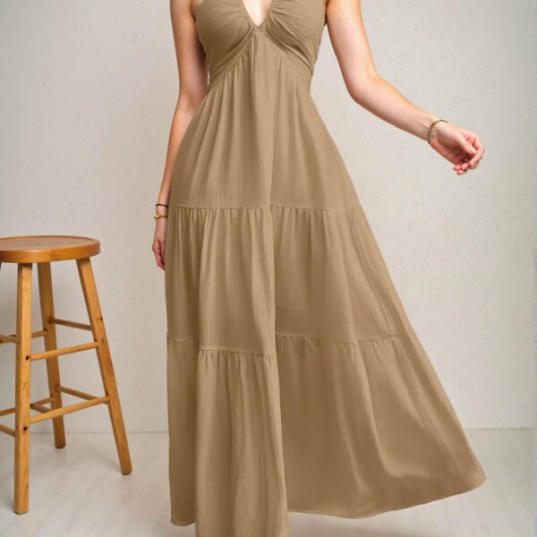 Elegant Khaki Chic Floral Halter V-Neck Backless A-Line Dress for Spring and Summer Getaways - Chic, Classy and Trendy Fashion Style to Dress to Impress