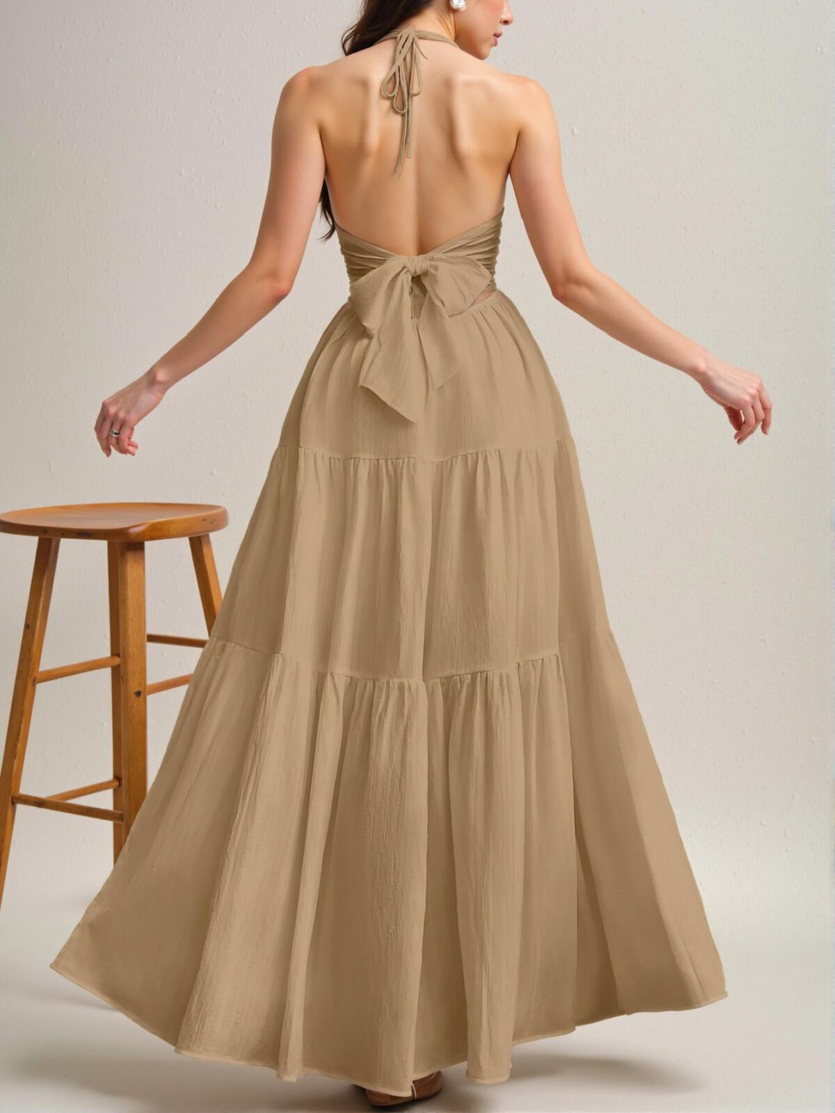 Elegant Khaki Chic Floral Halter V-Neck Backless A-Line Dress for Spring and Summer Getaways - Chic, Classy and Trendy Fashion Style to Dress to Impress - Image 2
