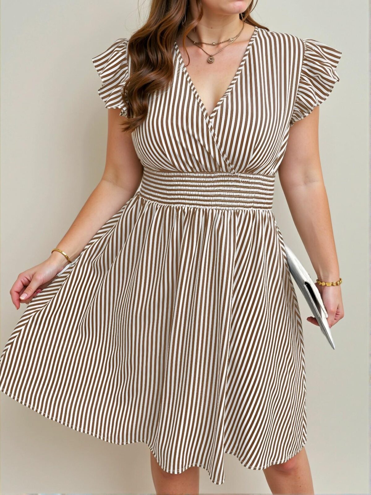 Elegant Coffee Brown Stylish Vertical Stripe Flare Sleeve Dress for Women - Chic, Classy and Trendy Fashion Style to Dress to Impress - Image 3