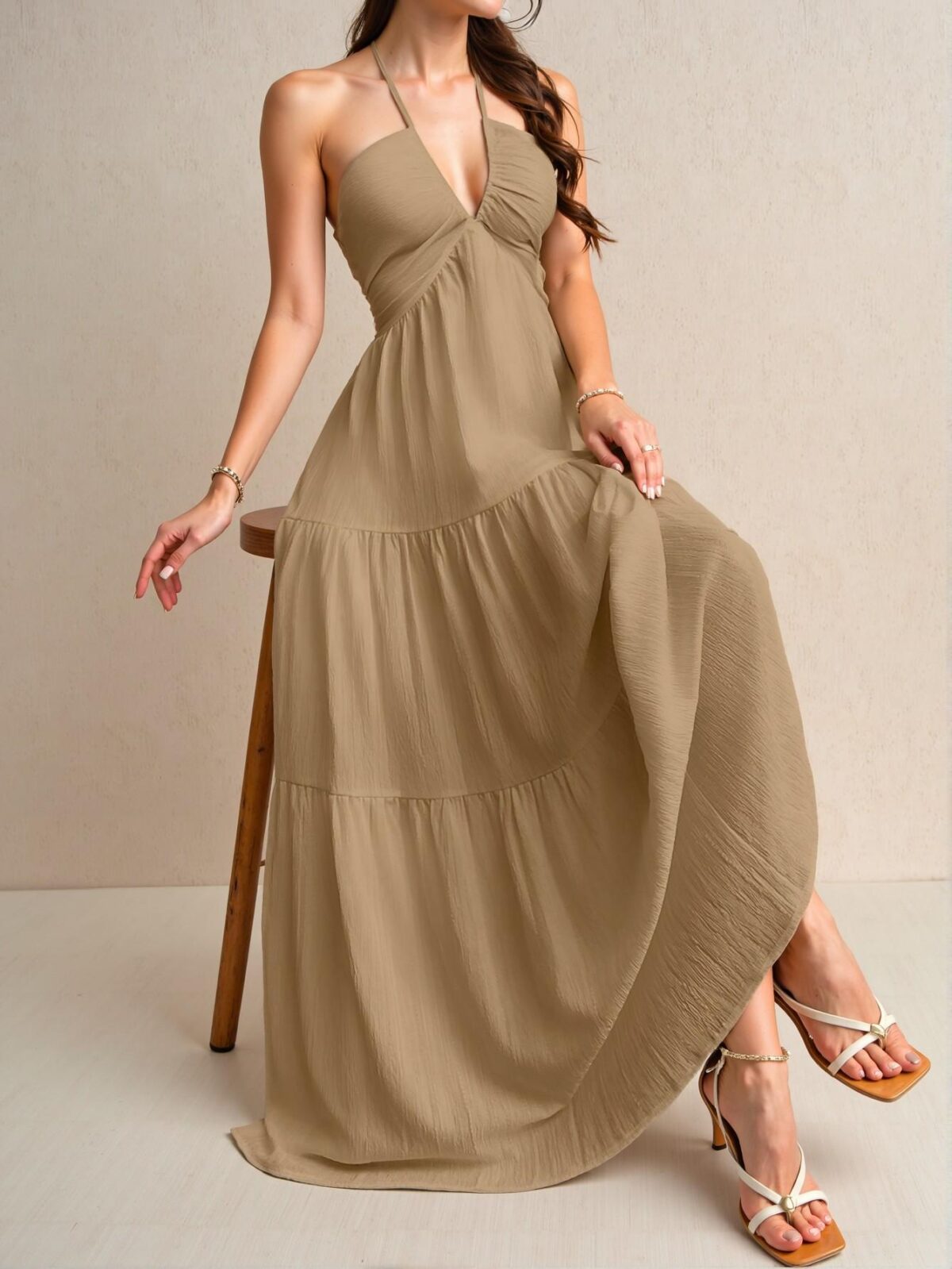 Elegant Khaki Chic Floral Halter V-Neck Backless A-Line Dress for Spring and Summer Getaways - Chic, Classy and Trendy Fashion Style to Dress to Impress - Image 3