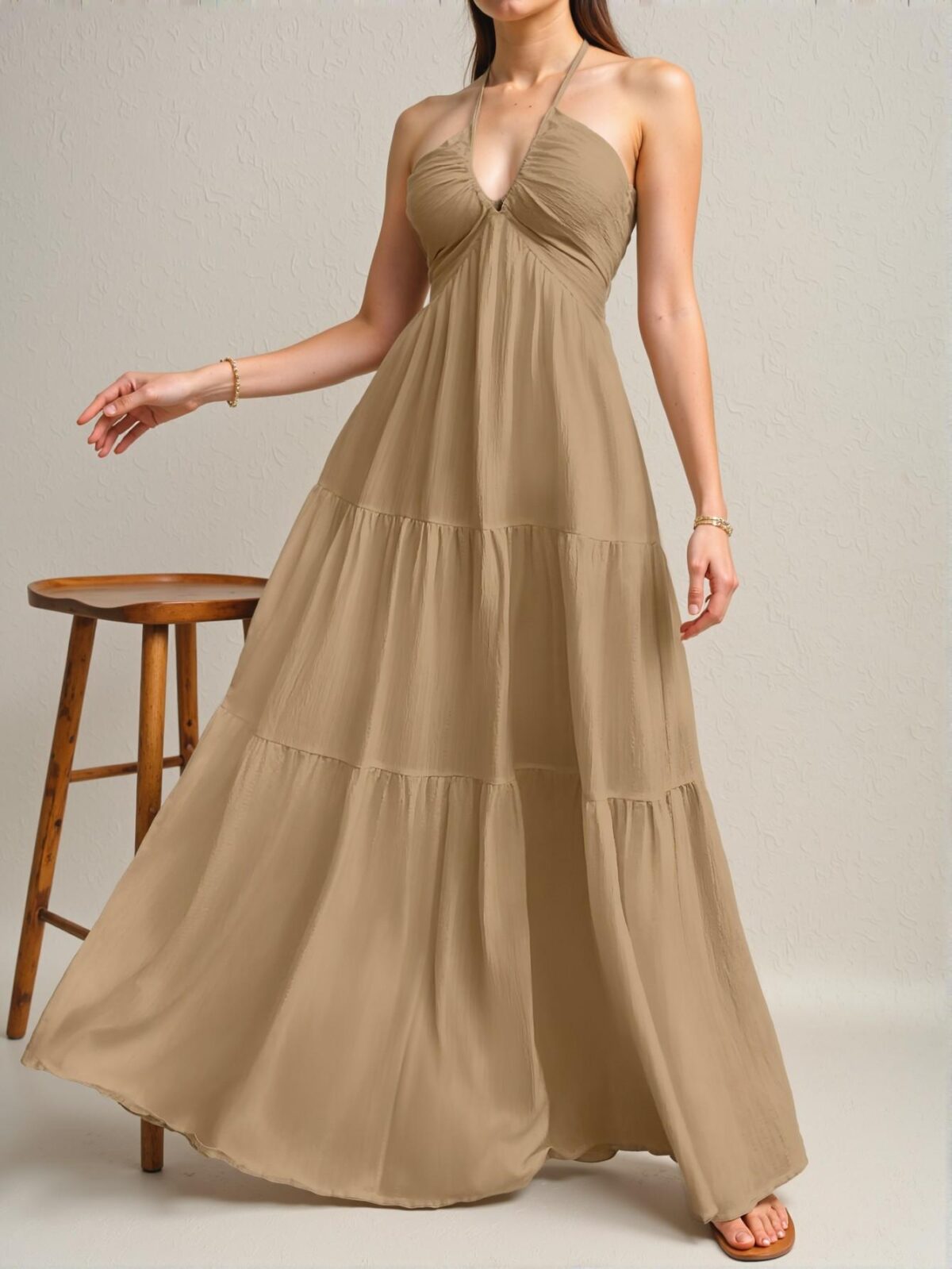 Elegant Khaki Chic Floral Halter V-Neck Backless A-Line Dress for Spring and Summer Getaways - Chic, Classy and Trendy Fashion Style to Dress to Impress - Image 4