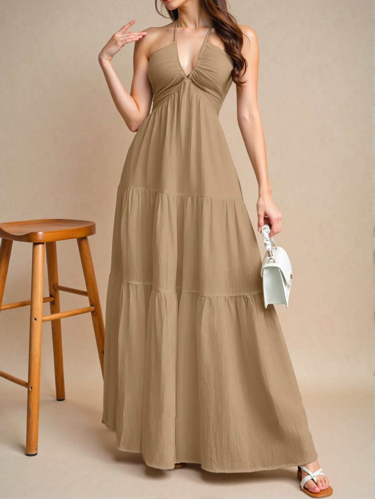 Elegant Khaki Chic Floral Halter V-Neck Backless A-Line Dress for Spring and Summer Getaways - Chic, Classy and Trendy Fashion Style to Dress to Impress - Image 5