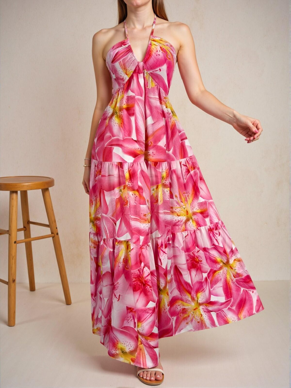 Multicolor Elegant Halter Backless High Waist A-Line Dress with Floral Print for Beach Vacations and Tea Parties - Chic, Classy and Trendy Fashion Style to Dress to Impress
