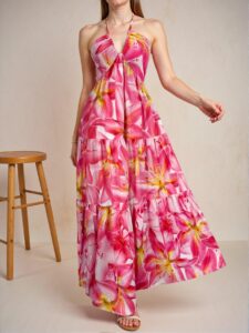 Multicolor Elegant Halter Backless High Waist A-Line Dress with Floral Print for Beach Vacations and Tea Parties - Chic, Classy and Trendy Fashion Style to Dress to Impress