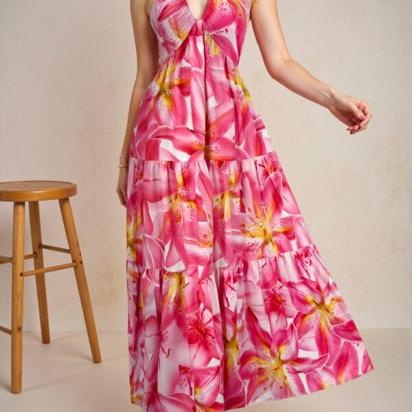 Multicolor Elegant Halter Backless High Waist A-Line Dress with Floral Print for Beach Vacations and Tea Parties - Chic, Classy and Trendy Fashion Style to Dress to Impress