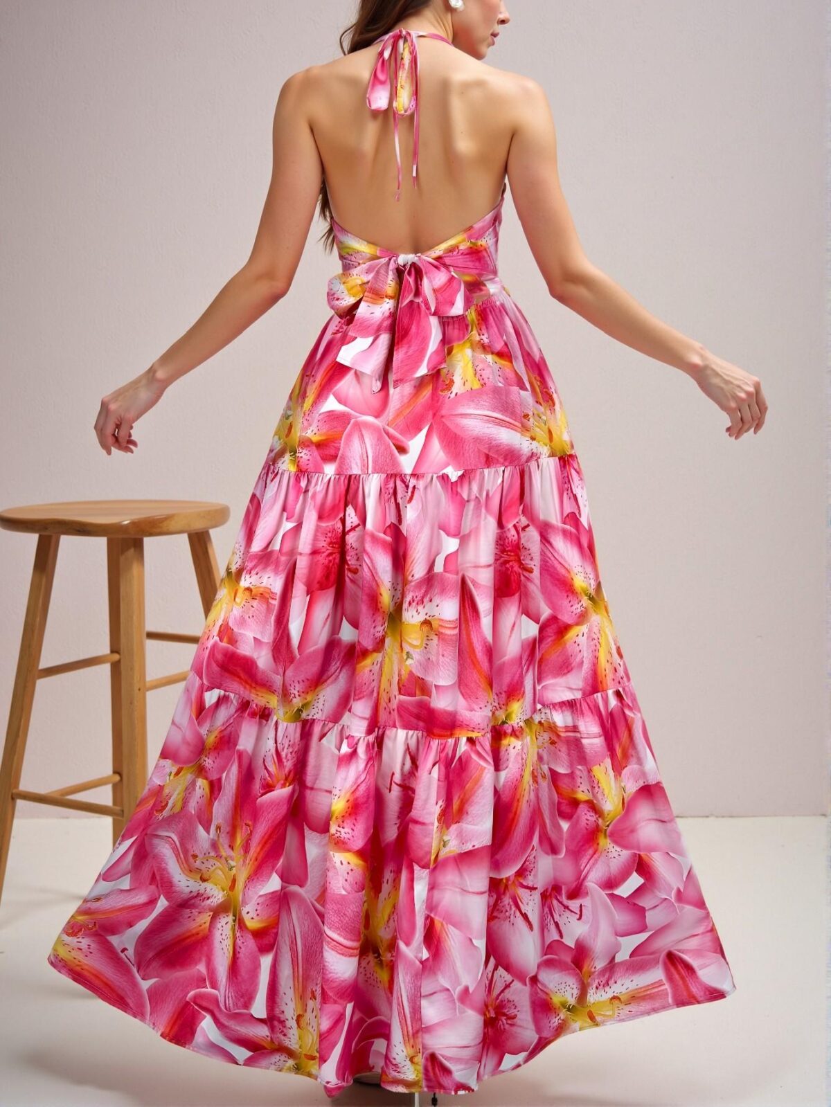 Multicolor Elegant Halter Backless High Waist A-Line Dress with Floral Print for Beach Vacations and Tea Parties - Chic, Classy and Trendy Fashion Style to Dress to Impress - Image 2