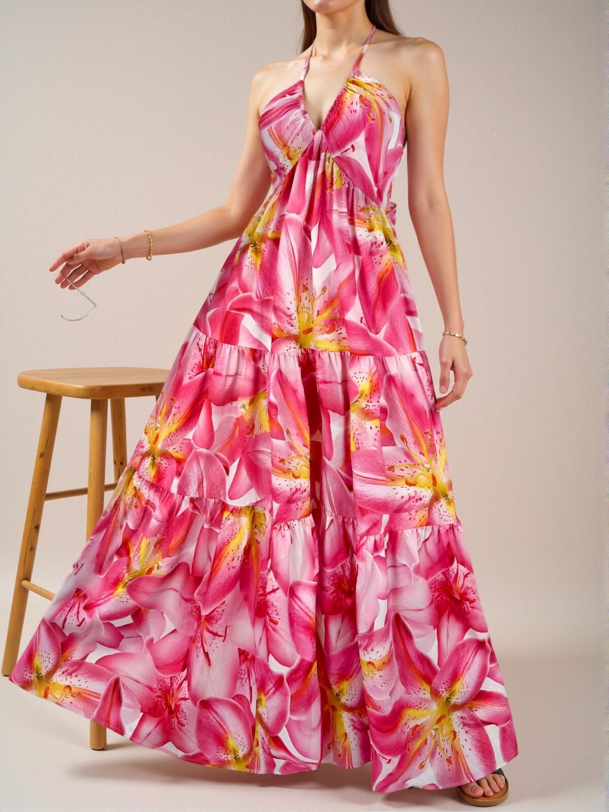 Multicolor Elegant Halter Backless High Waist A-Line Dress with Floral Print for Beach Vacations and Tea Parties - Chic, Classy and Trendy Fashion Style to Dress to Impress - Image 4