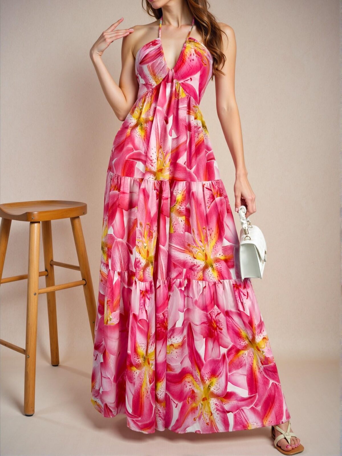Multicolor Elegant Halter Backless High Waist A-Line Dress with Floral Print for Beach Vacations and Tea Parties - Chic, Classy and Trendy Fashion Style to Dress to Impress - Image 5