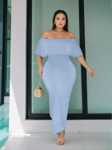Elegant Blue Fitted Off-Shoulder Long Dress with Ruffled Hem for Parties, Vacations, Daily Wear, and Dates - L Chic, Classy and Trendy Fashion Style to Dress to Impress
