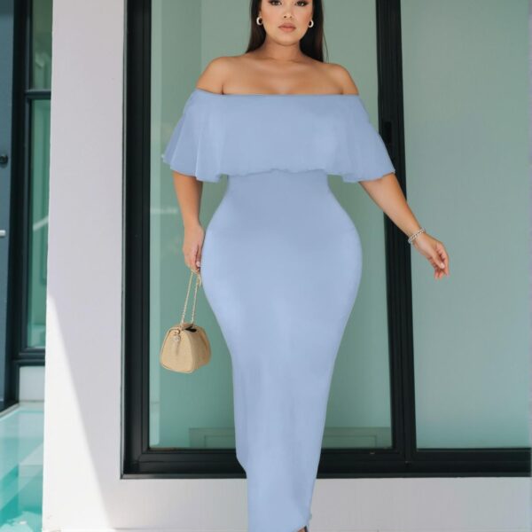 Elegant Blue Fitted Off-Shoulder Long Dress with Ruffled Hem for Parties, Vacations, Daily Wear, and Dates - L Chic, Classy and Trendy Fashion Style to Dress to Impress