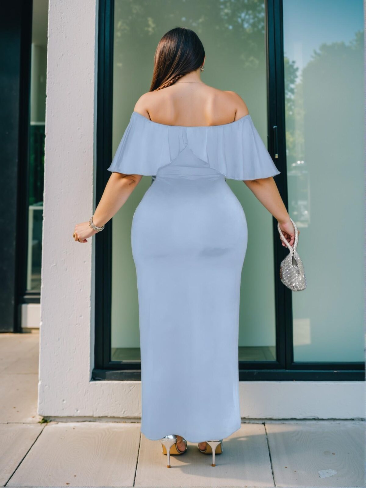 Elegant Blue Fitted Off-Shoulder Long Dress with Ruffled Hem for Parties, Vacations, Daily Wear, and Dates - L Chic, Classy and Trendy Fashion Style to Dress to Impress - Image 2