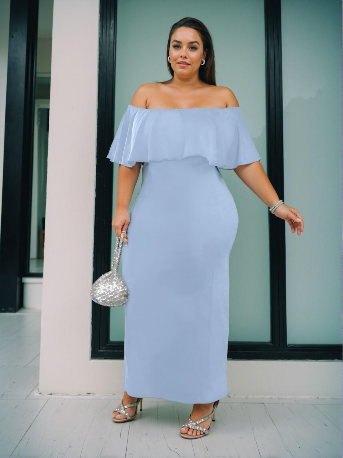 Elegant Blue Fitted Off-Shoulder Long Dress with Ruffled Hem for Parties, Vacations, Daily Wear, and Dates - L Chic, Classy and Trendy Fashion Style to Dress to Impress - Image 3