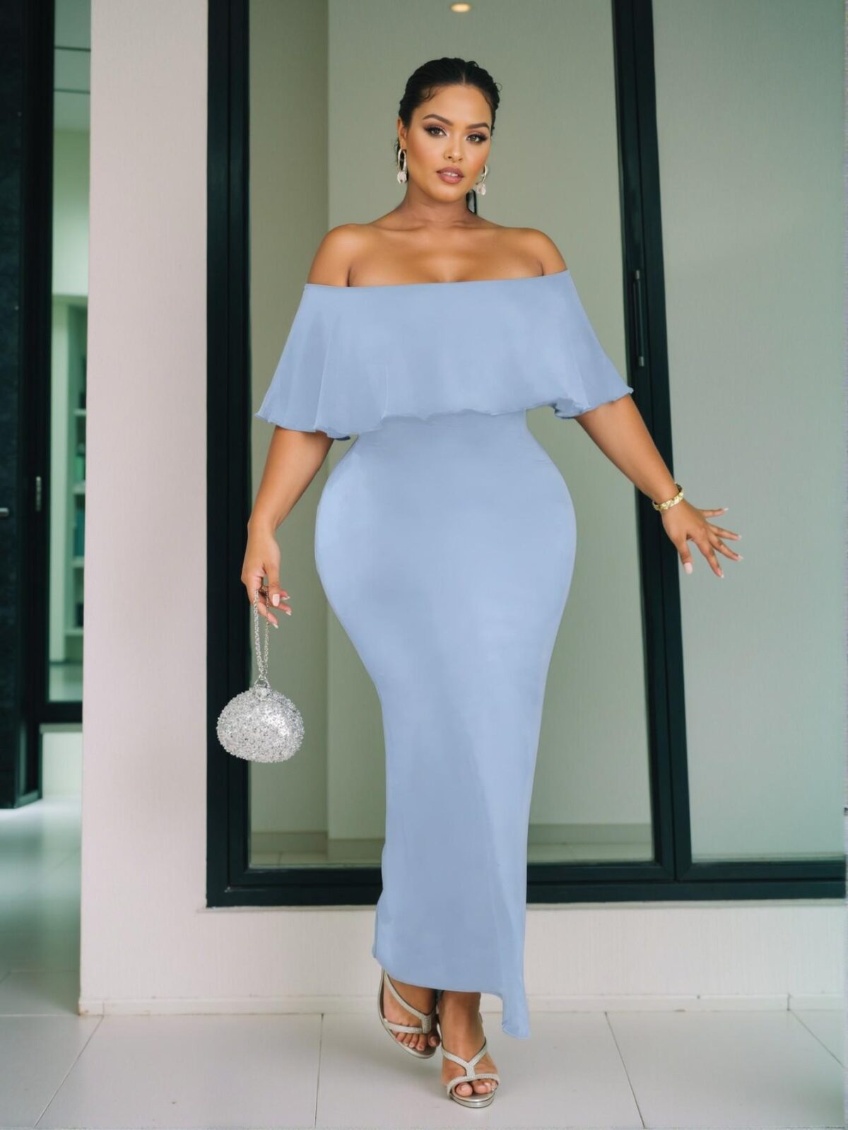 Elegant Blue Fitted Off-Shoulder Long Dress with Ruffled Hem for Parties, Vacations, Daily Wear, and Dates - L Chic, Classy and Trendy Fashion Style to Dress to Impress - Image 5