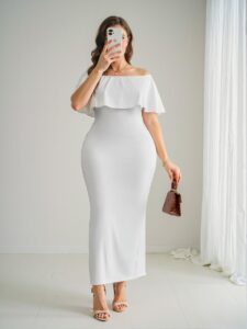 Elegant White Fitted Off Shoulder Frill Trim Dress Ideal for Parties, Vacations, Casual Outings, and Dates - Chic, Classy and Trendy Fashion Style to Dress to Impress