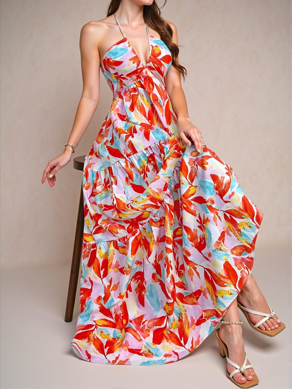 Elegant Multicolor Chic Backless V-Neck Ruched A-Line Dress for Summer Beach Vacations, Perfect for Dates and Romantic Getaways - Chic, Classy and Trendy Fashion Style to Dress to Impress - Image 5