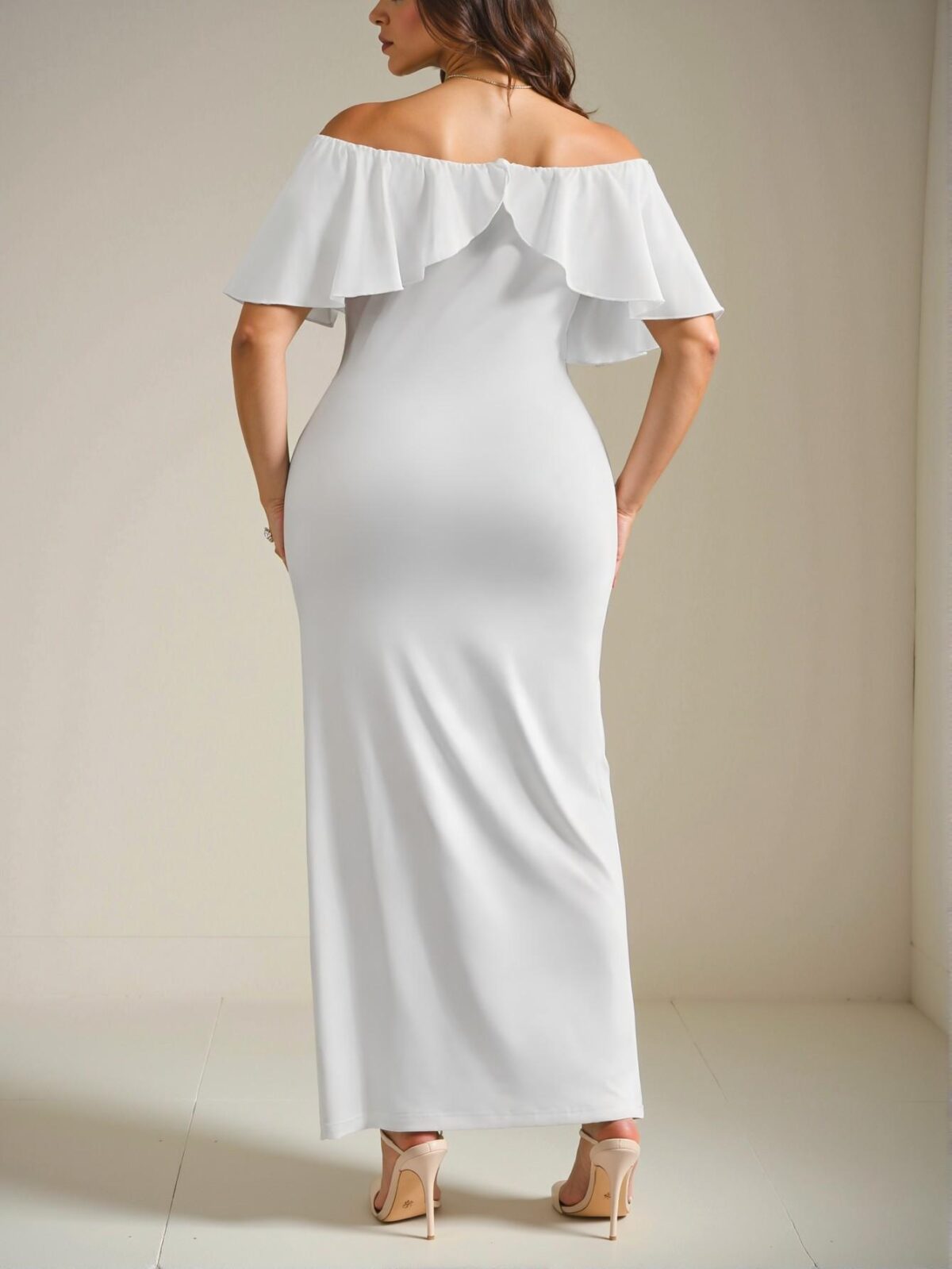 Elegant White Fitted Off Shoulder Frill Trim Dress Ideal for Parties, Vacations, Casual Outings, and Dates - Chic, Classy and Trendy Fashion Style to Dress to Impress - Image 2