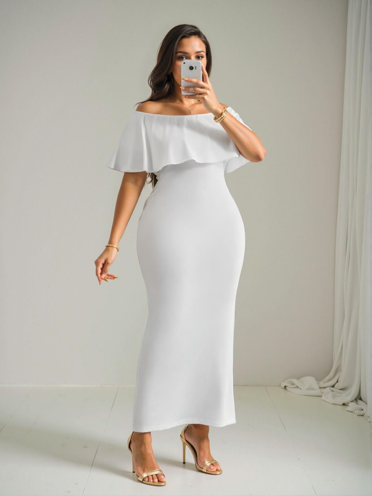 Elegant White Fitted Off Shoulder Frill Trim Dress Ideal for Parties, Vacations, Casual Outings, and Dates - Chic, Classy and Trendy Fashion Style to Dress to Impress - Image 3