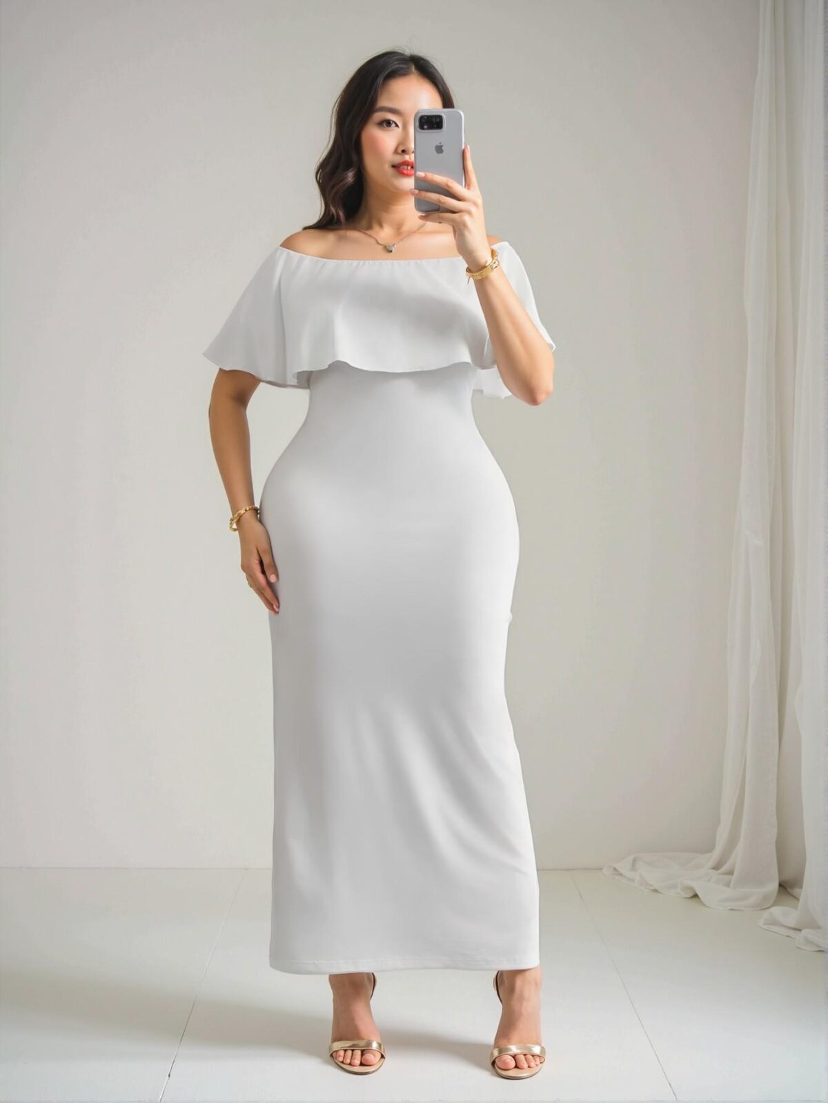 Elegant White Fitted Off Shoulder Frill Trim Dress Ideal for Parties, Vacations, Casual Outings, and Dates - Chic, Classy and Trendy Fashion Style to Dress to Impress - Image 4