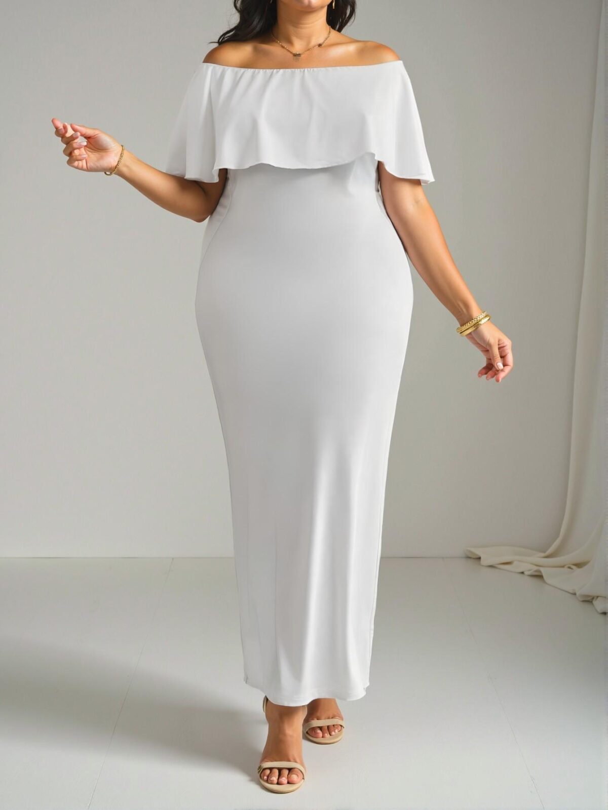 Elegant White Fitted Off Shoulder Frill Trim Dress Ideal for Parties, Vacations, Casual Outings, and Dates - Chic, Classy and Trendy Fashion Style to Dress to Impress - Image 5