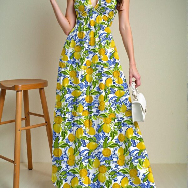Elegant Multicolor Vintage Lemon Print Dress, Chic and Simple Style Perfect for Summer, Beach Outings, and Music Festivals - Chic, Classy and Trendy Fashion Style to Dress to Impress
