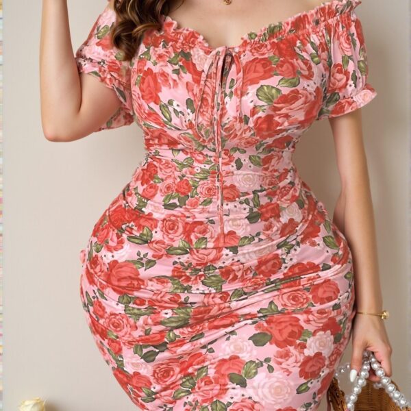 Elegant Multicolor Floral Ruffle Short Sleeve Bodycon Dress for a Chic, Classy and Trendy Fashion Style to Dress to Impress