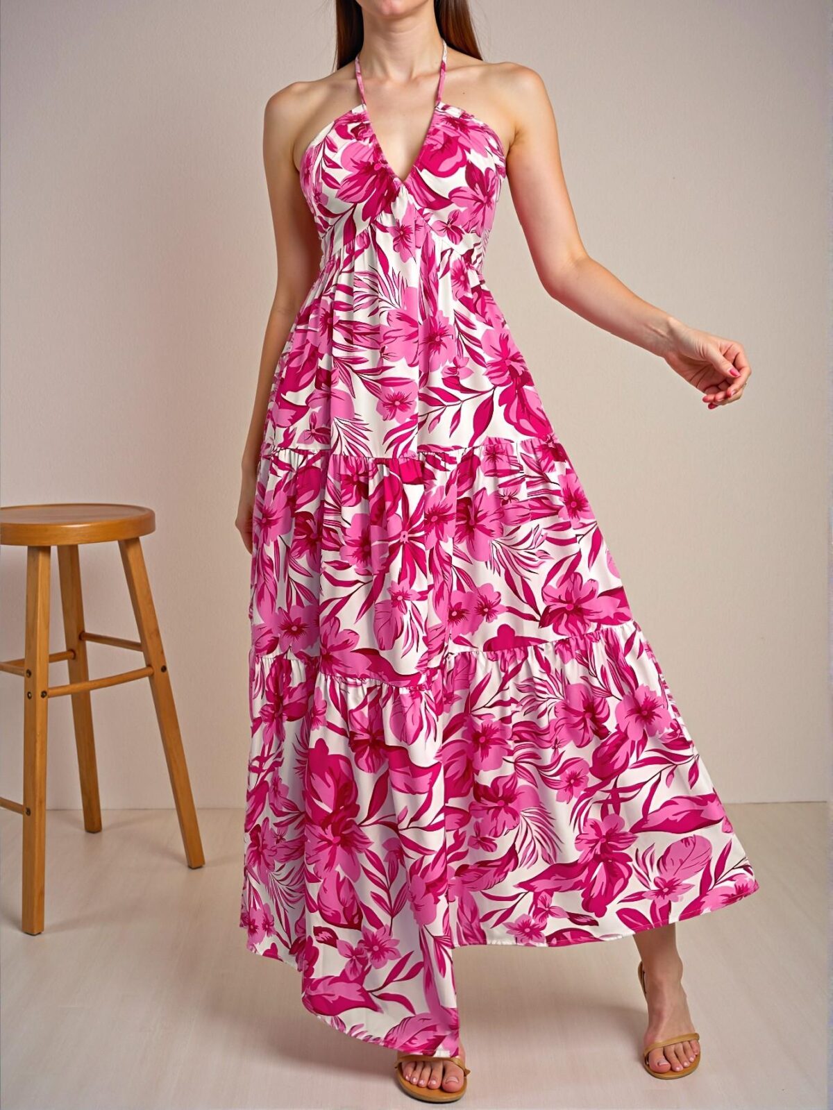 Elegant Pink "Stunning Floral Print Spaghetti Strap V-Neck Ruched Backless A-Line Maxi Dress, Perfect for Summer Getaways and Beach Vacations" Chic, Classy and Trendy Fashion Style to Dress to Impress