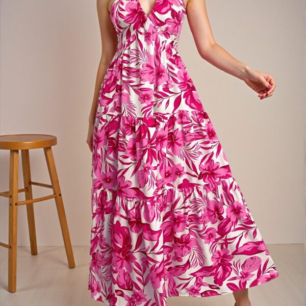 Elegant Pink "Stunning Floral Print Spaghetti Strap V-Neck Ruched Backless A-Line Maxi Dress, Perfect for Summer Getaways and Beach Vacations" Chic, Classy and Trendy Fashion Style to Dress to Impress