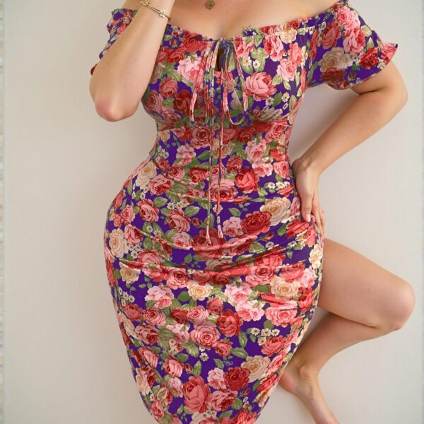 Elegant Multicolor Floral Wrap Dress for Plus Size with Off-Shoulder Design - Chic, Classy and Trendy Fashion Style to Dress to Impress