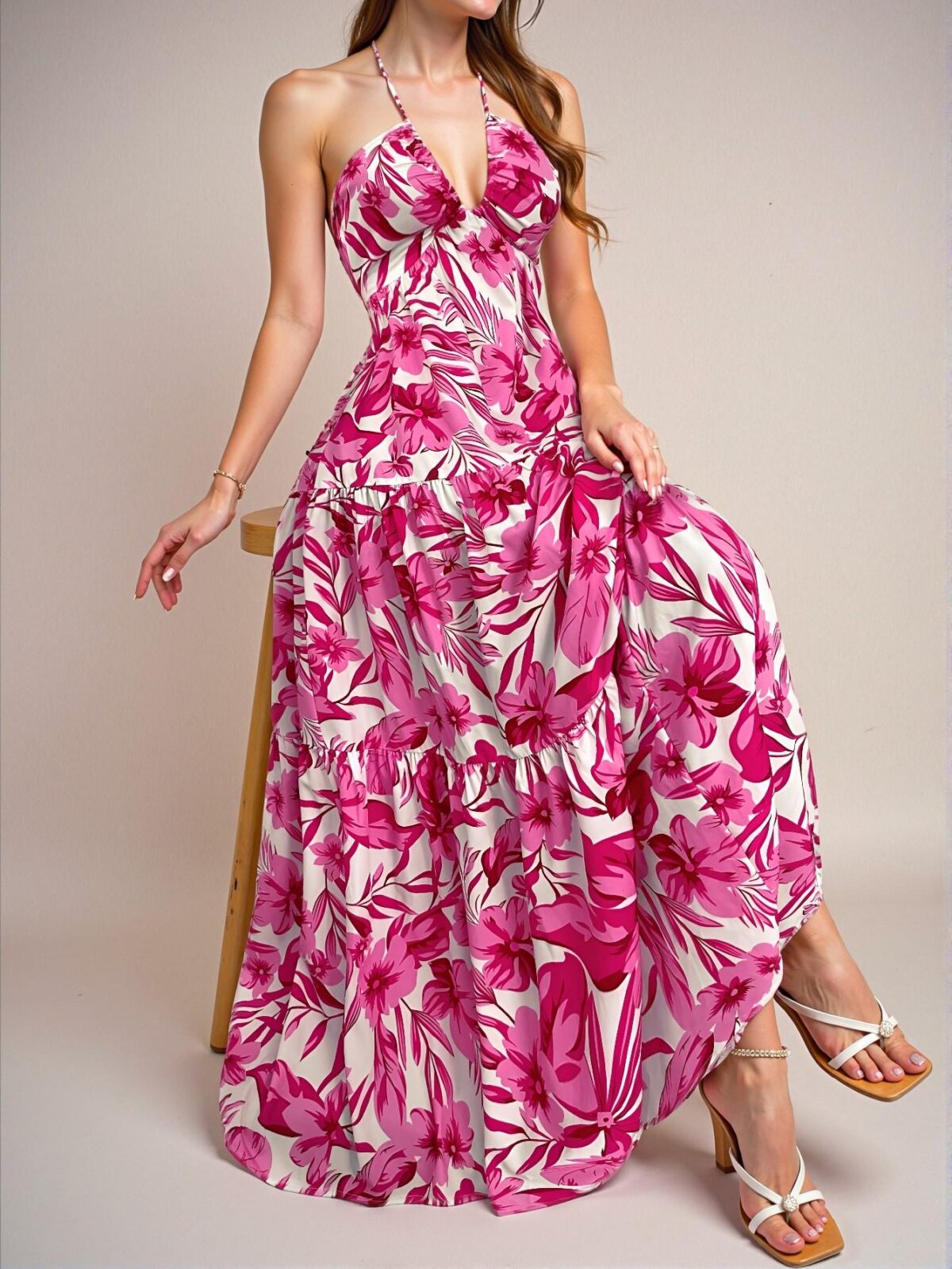 Elegant Pink "Stunning Floral Print Spaghetti Strap V-Neck Ruched Backless A-Line Maxi Dress, Perfect for Summer Getaways and Beach Vacations" Chic, Classy and Trendy Fashion Style to Dress to Impress - Image 3