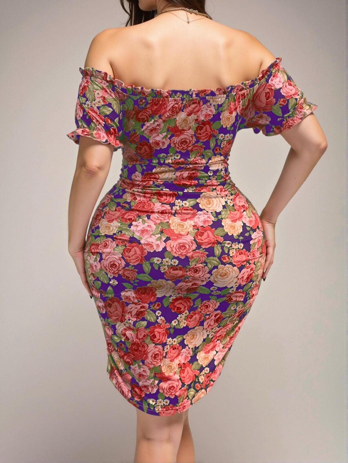 Elegant Multicolor Floral Wrap Dress for Plus Size with Off-Shoulder Design - Chic, Classy and Trendy Fashion Style to Dress to Impress - Image 2
