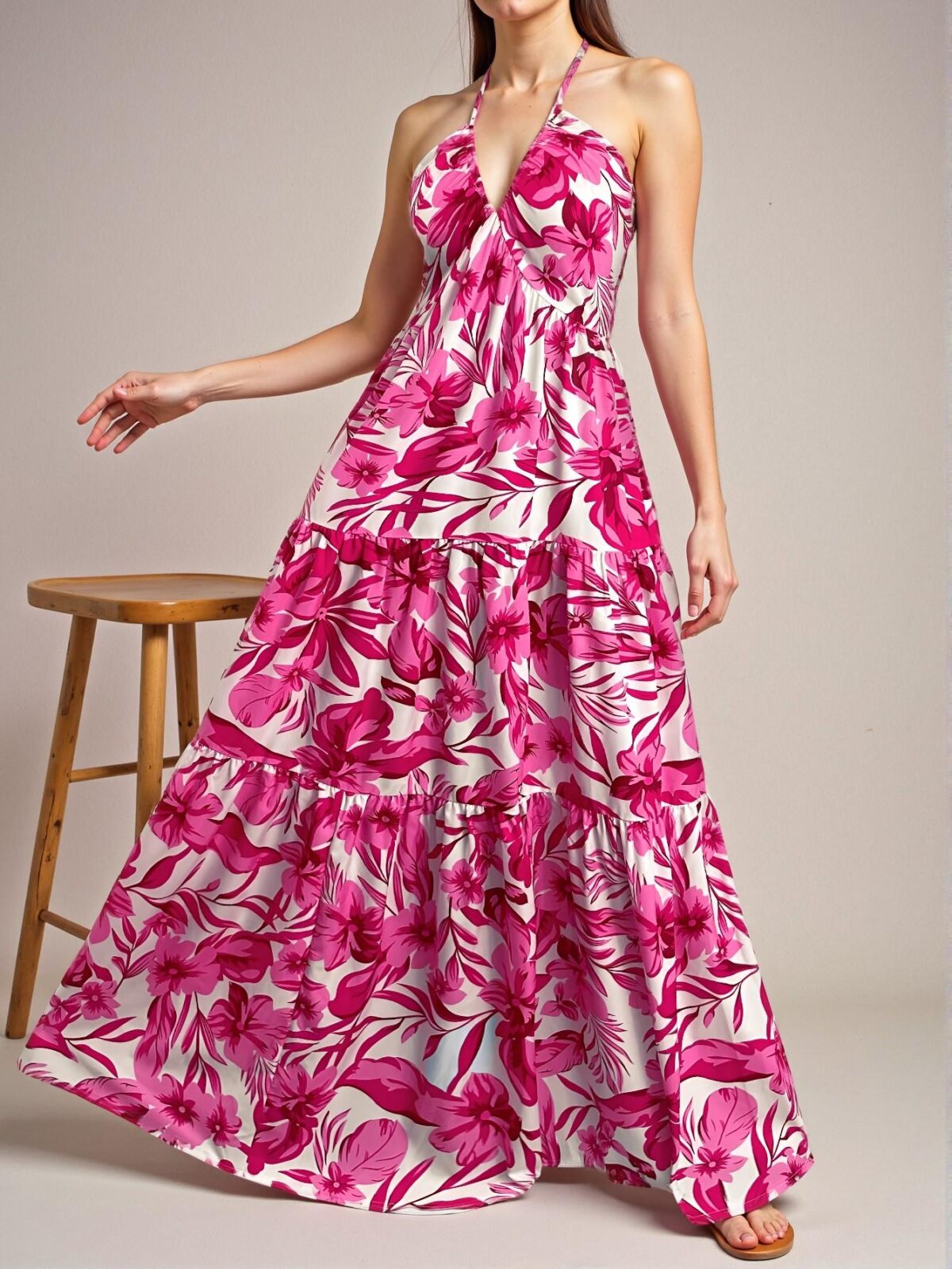 Elegant Pink "Stunning Floral Print Spaghetti Strap V-Neck Ruched Backless A-Line Maxi Dress, Perfect for Summer Getaways and Beach Vacations" Chic, Classy and Trendy Fashion Style to Dress to Impress - Image 4