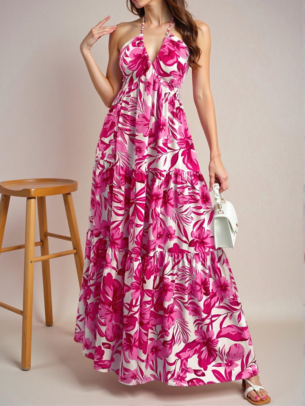 Elegant Pink "Stunning Floral Print Spaghetti Strap V-Neck Ruched Backless A-Line Maxi Dress, Perfect for Summer Getaways and Beach Vacations" Chic, Classy and Trendy Fashion Style to Dress to Impress - Image 5