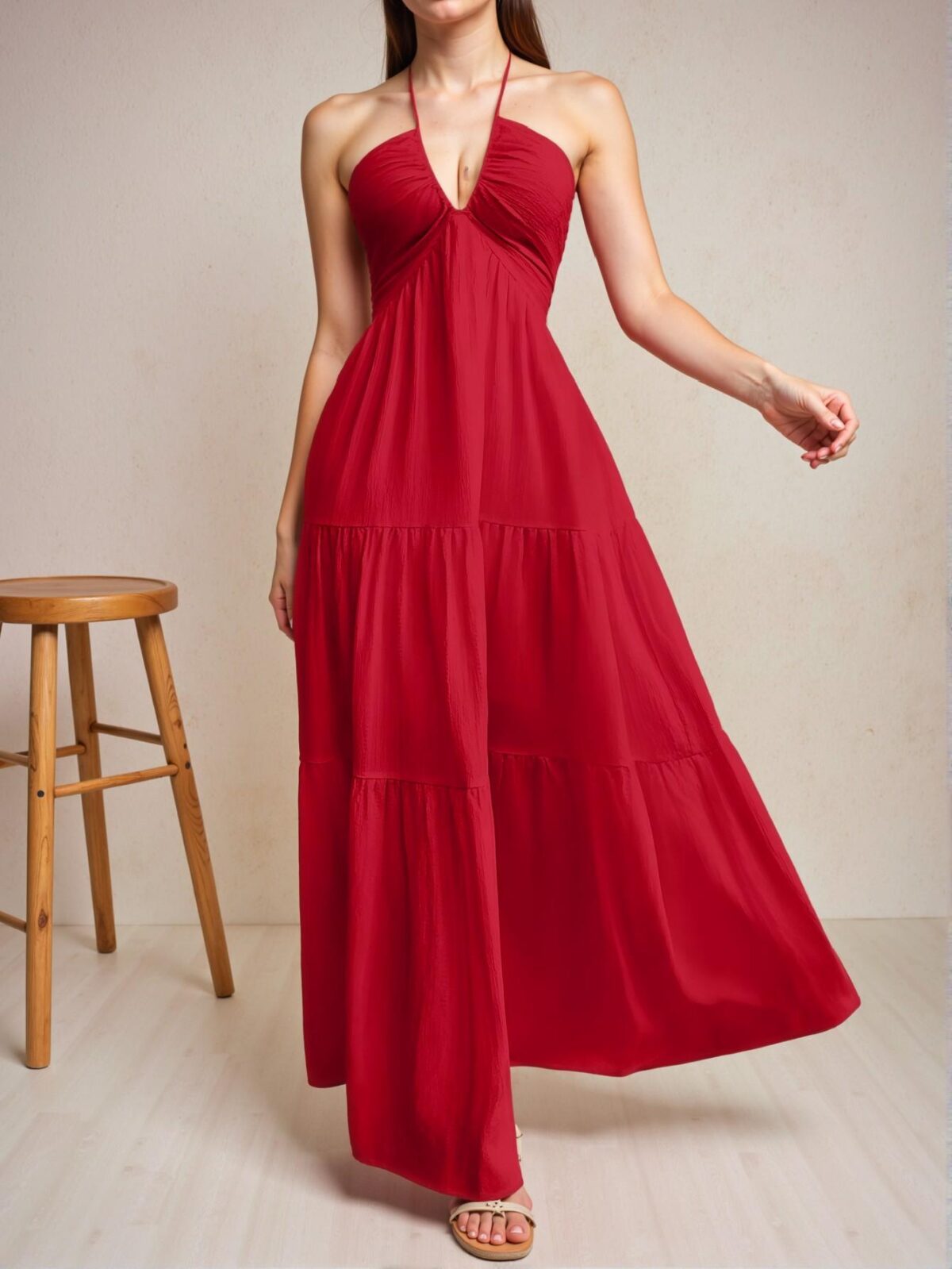 Elegant Red Romantic Floral Halter Neck A-Line Dress for Summer Beach Getaways - Chic, Classy and Trendy Fashion Style to Dress to Impress