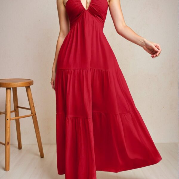Elegant Red Romantic Floral Halter Neck A-Line Dress for Summer Beach Getaways - Chic, Classy and Trendy Fashion Style to Dress to Impress