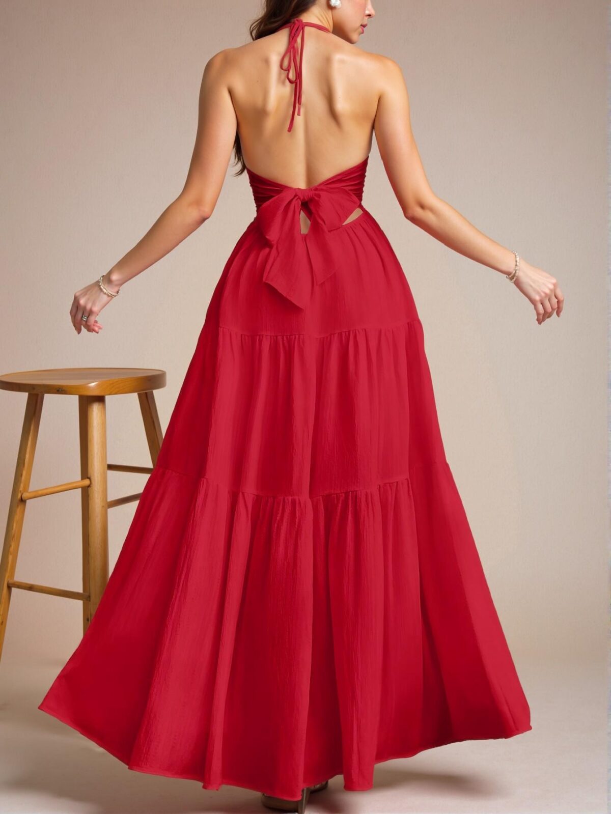 Elegant Red Romantic Floral Halter Neck A-Line Dress for Summer Beach Getaways - Chic, Classy and Trendy Fashion Style to Dress to Impress - Image 2