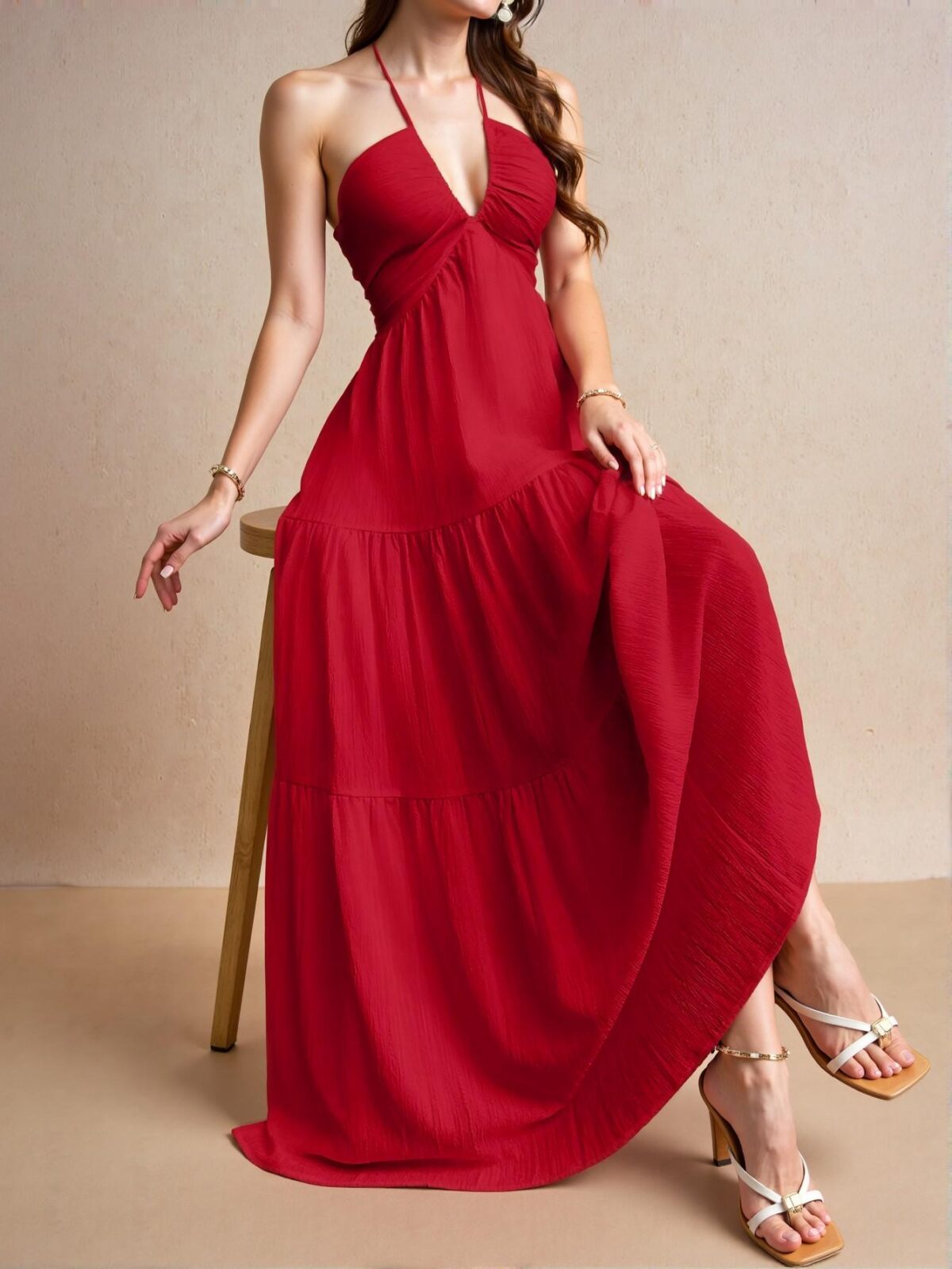 Elegant Red Romantic Floral Halter Neck A-Line Dress for Summer Beach Getaways - Chic, Classy and Trendy Fashion Style to Dress to Impress - Image 3